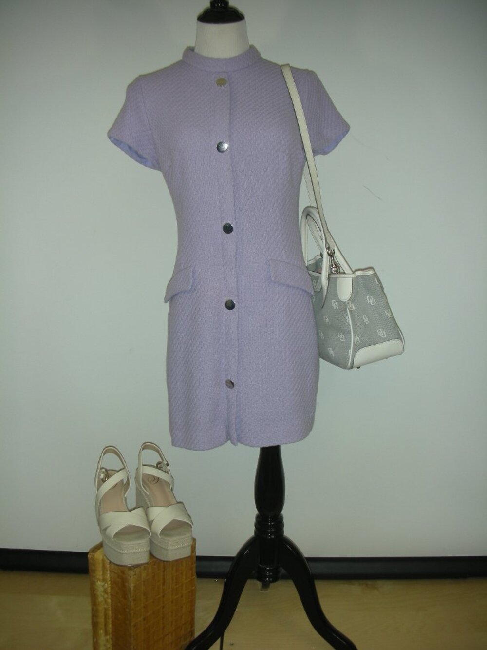 Zara Lilac Tweed Effect Textured Dress Mod 60s Metal Buttons L